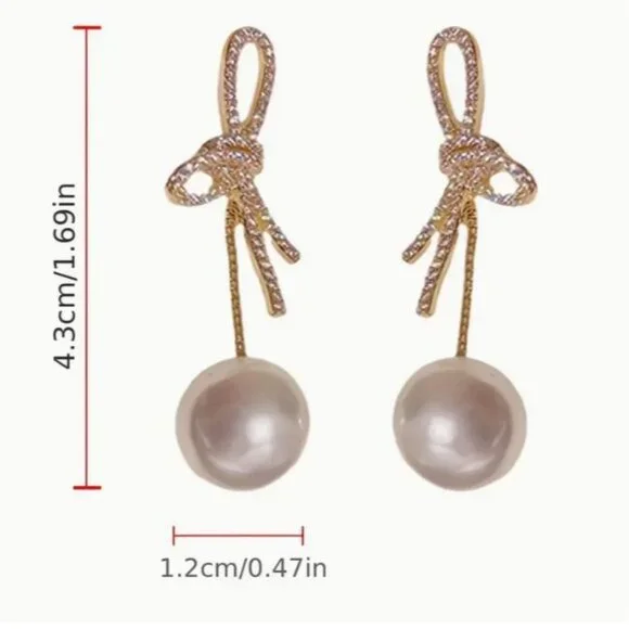 NEW Taylor Gold Pave Crystal Bow Pearl Drop Earrings Front to Back - Picture 3 of 3